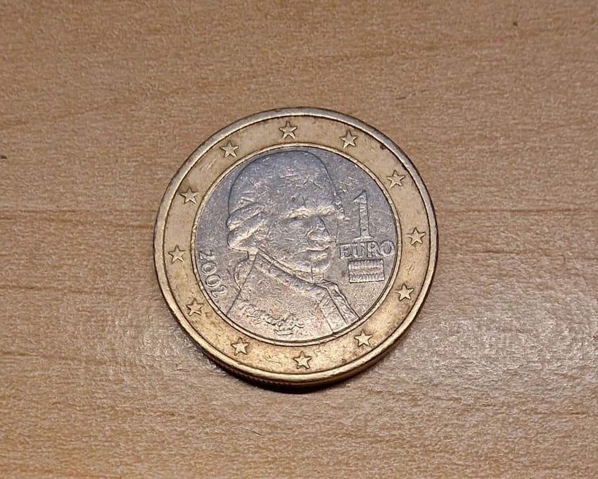 Moneda de 1 euro de Austria de 2002 con el rostro de Mozart
